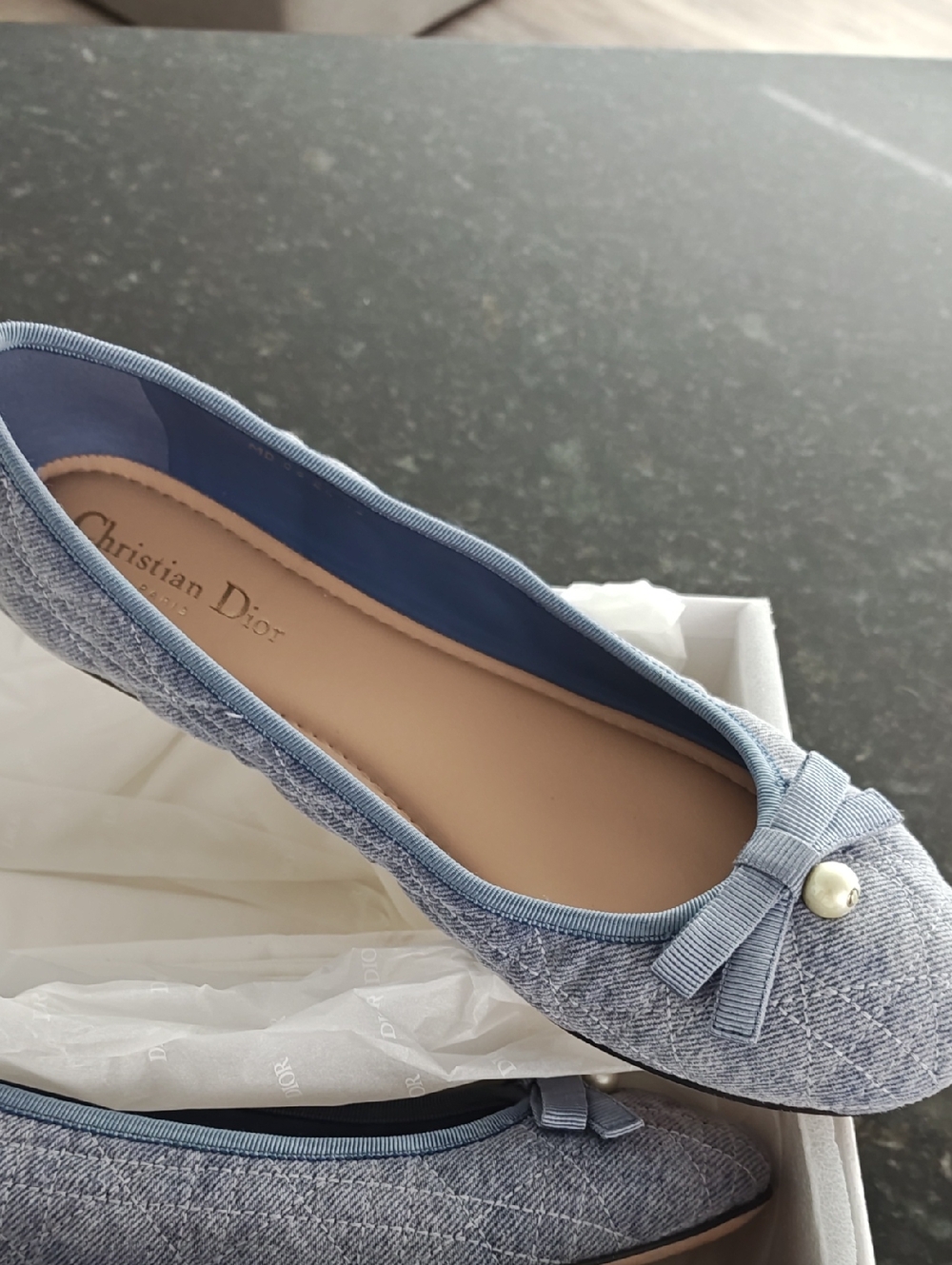 New Dior Light Blue Denim Quilted Bow Ballet Flats with Pearl Accent. Size 42